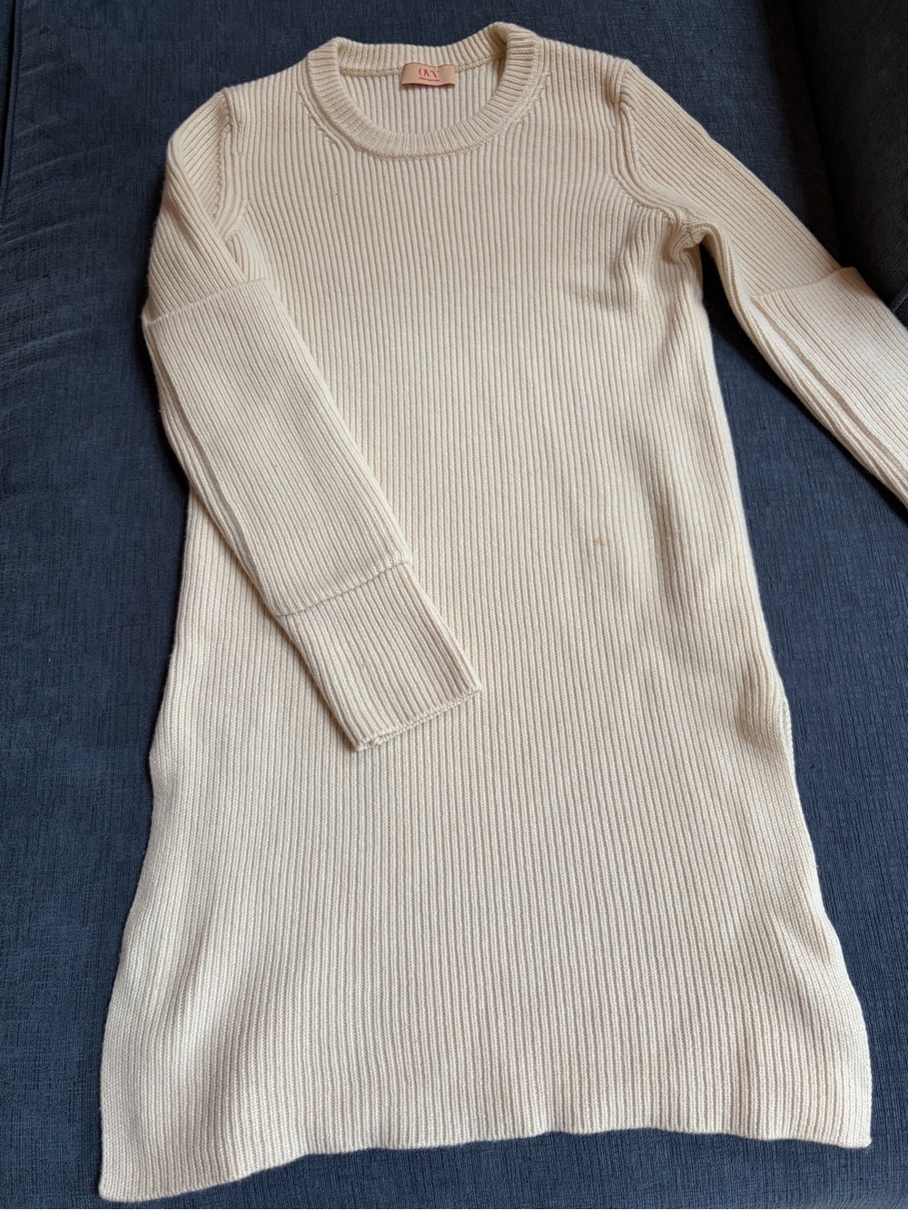 Cream Ribbed Long Sleeve Knit Dress
